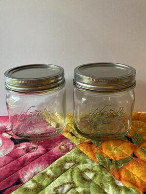 Two vintage Kerr Square Pint Jars "Self Sealing" with Wide Mouth Lids